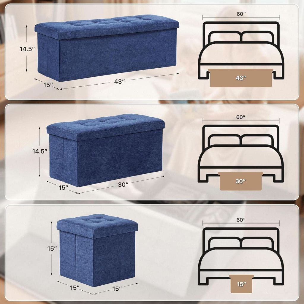 Navy blue folding storage ottoman bench with padded seat and hidden interior chest — view 3