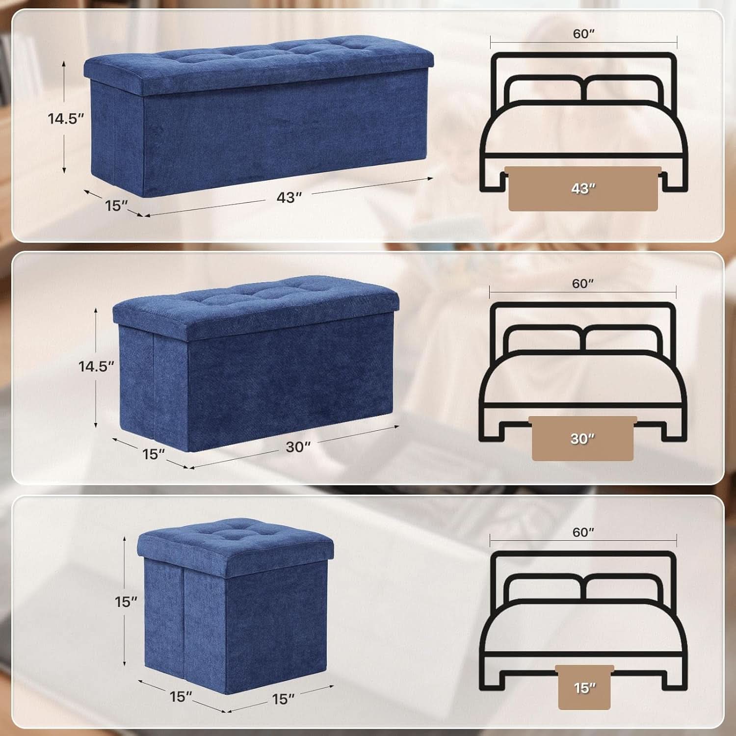 Navy blue folding storage ottoman bench with padded seat and hidden interior chest — view 3
