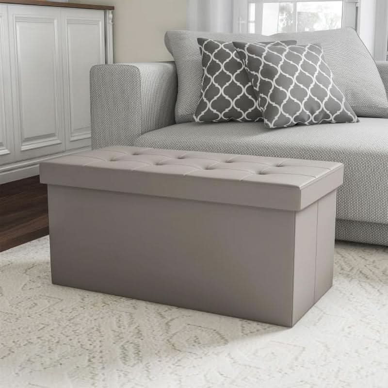 30-inch gray storage ottoman bench with padded faux leather lid and internal divider — view 2