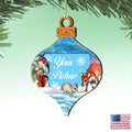 Handcrafted wooden Christmas picture frame ornament featuring vintage Santa and snowman artwork for holiday trees.