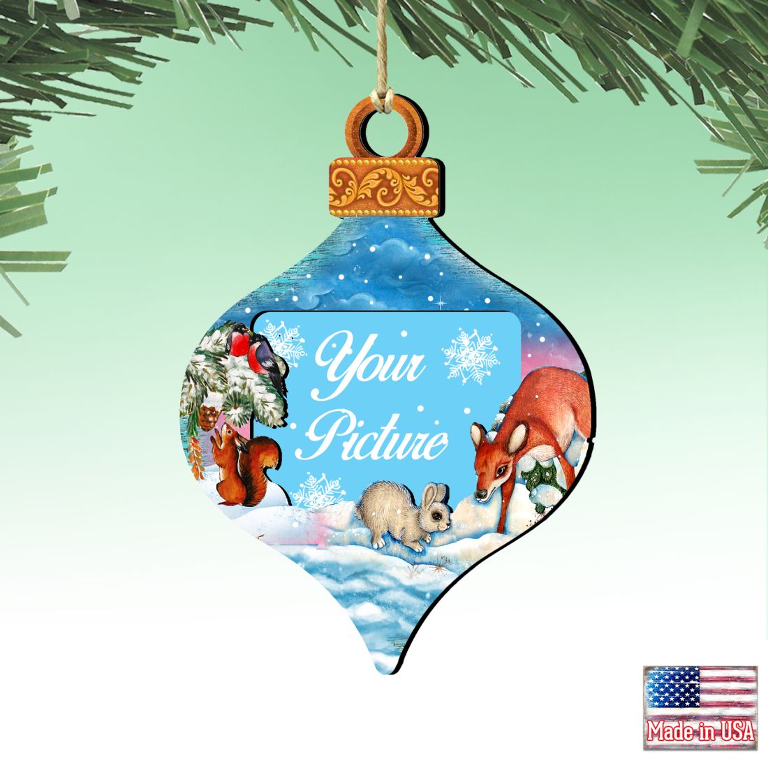 Handcrafted wooden Christmas picture frame ornament featuring vintage Santa and snowman artwork for holiday trees.