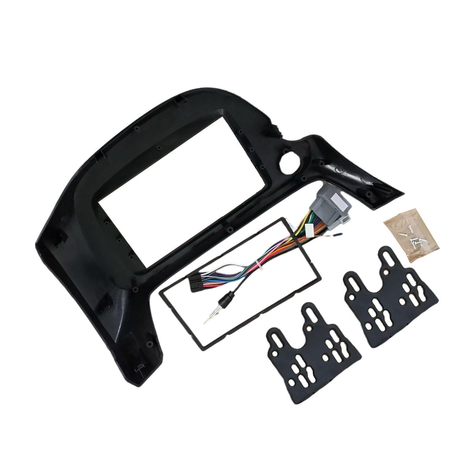 Black ABS plastic car stereo radio dash panel trim and Android navigation adapter cable set — view 3