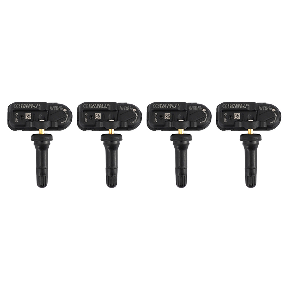 Four black automotive tyre pressure monitoring sensors arranged on a clean white background — view 2