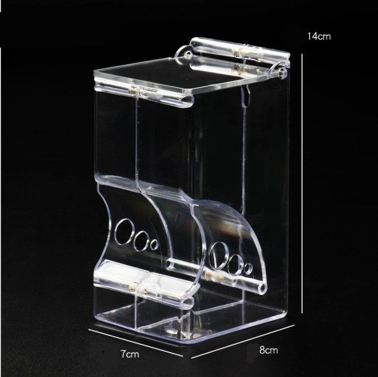 Transparent plastic hamster feeder food box attached securely to small pet cage wire — view 5