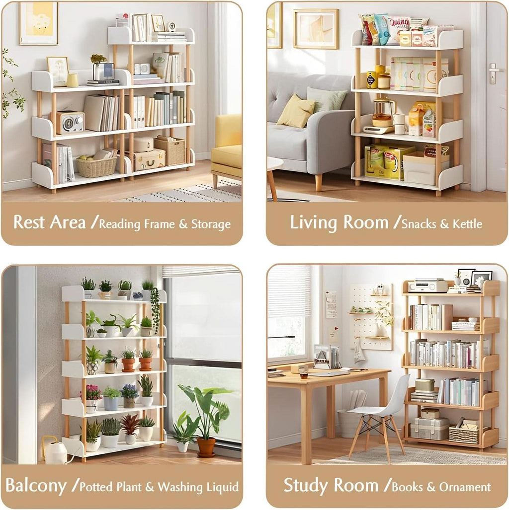 3 tier wooden open bookcase in warm white and oak finish with solid wood legs. — view 3