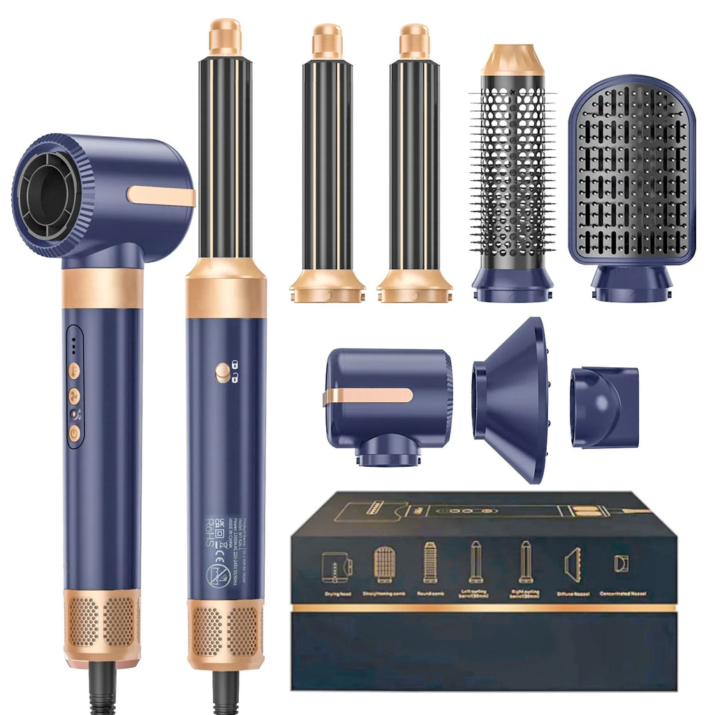 7-in-1 high speed hair dryer brush with interchangeable attachments for curling and straightening