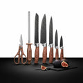 7-piece stainless steel chef knife set with black handles and protective plastic storage case
