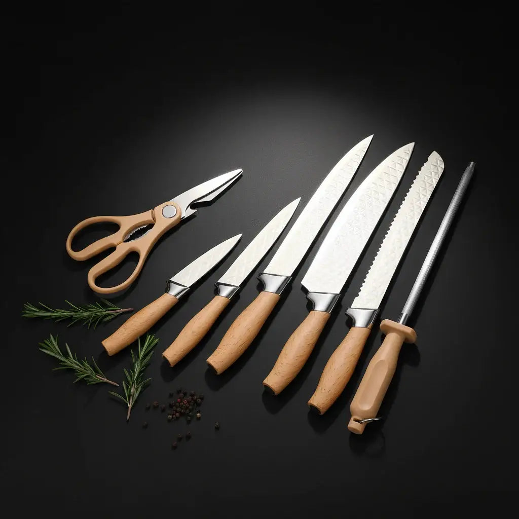 7-piece stainless steel chef knife set with black handles and protective plastic storage case — view 2