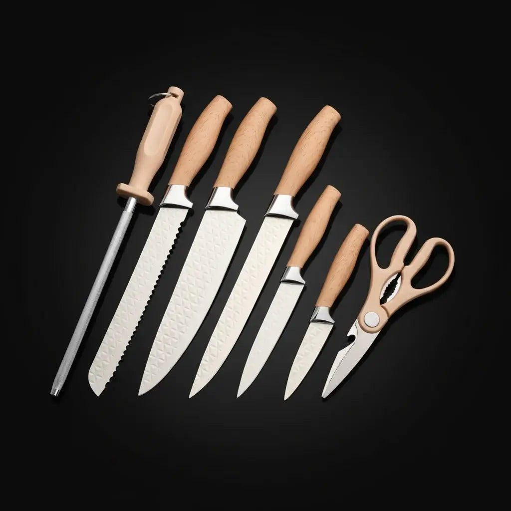 7-piece stainless steel chef knife set with black handles and protective plastic storage case — view 3