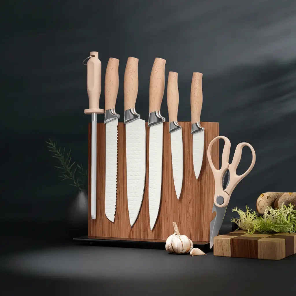 7-piece stainless steel chef knife set with black handles and protective plastic storage case — view 4