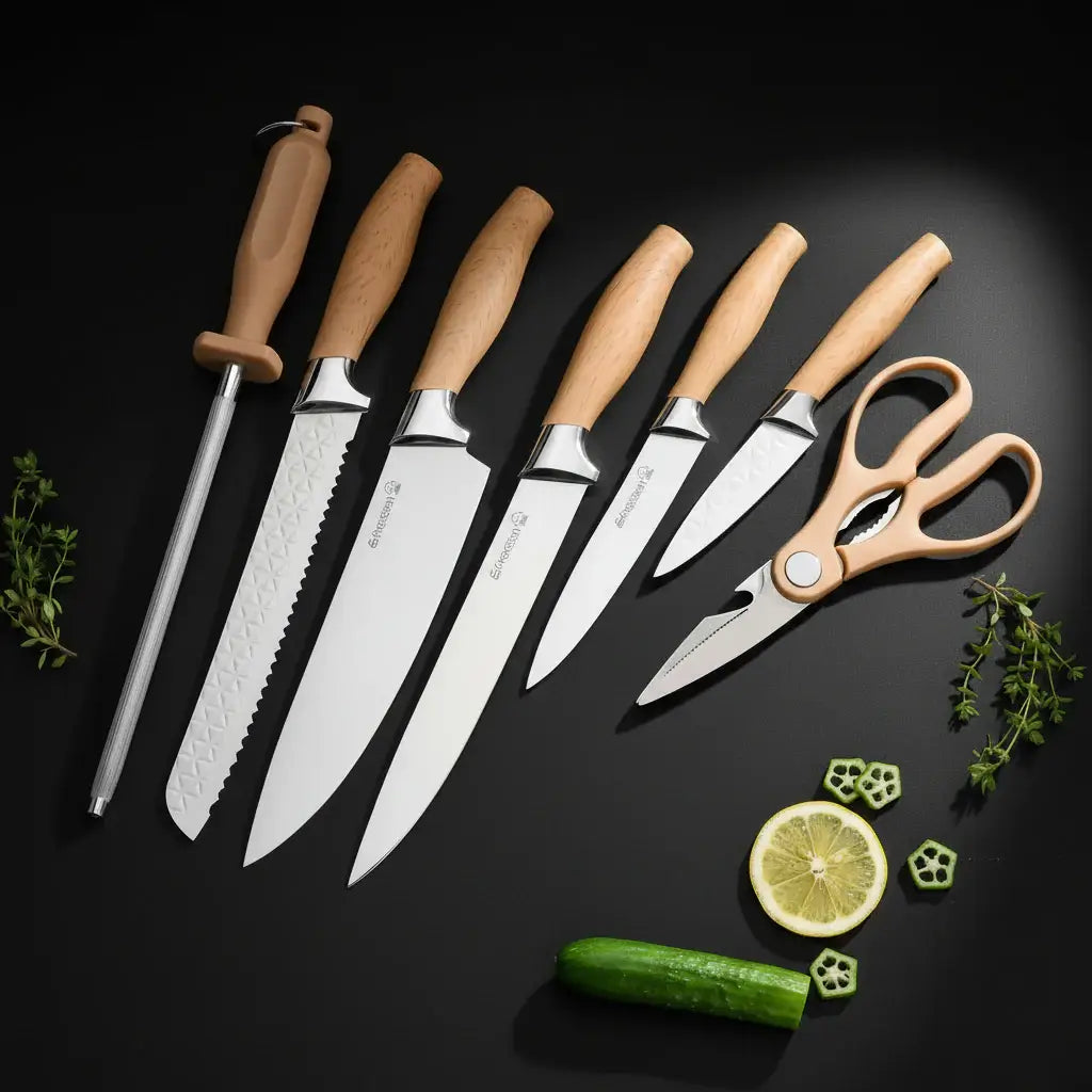 7-piece stainless steel chef knife set with black handles and protective plastic storage case — view 5