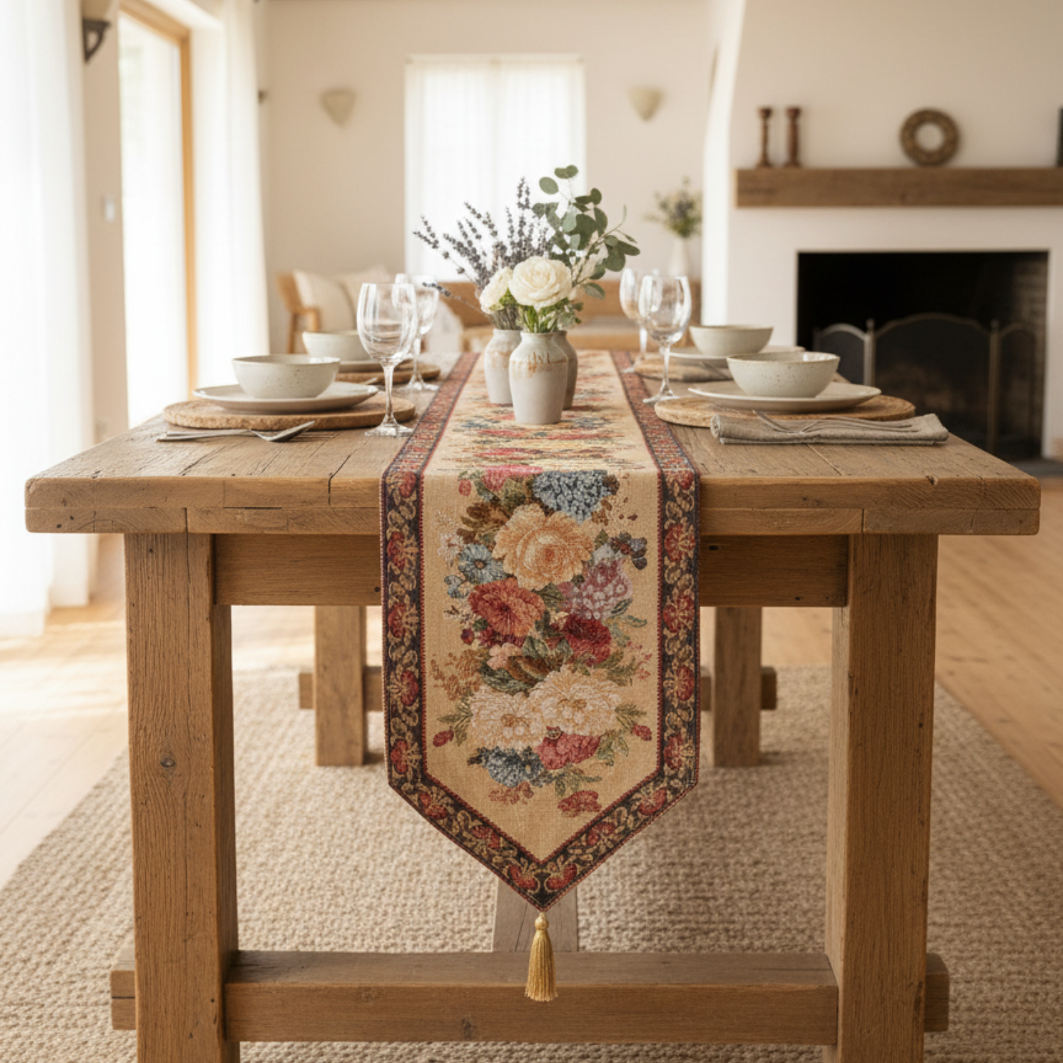 Colorful woven floral table runner with rustic country design on a wooden dining table surface — view 2