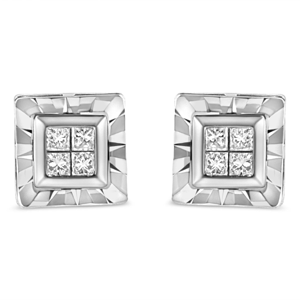 .925 Sterling Silver 1/6 Cttw Invisible Set Princess-Cut Diamond Quad Composite Stud Earrings (H-I Color, I1-I2 Clarity)-0