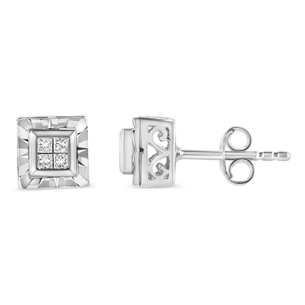 .925 Sterling Silver 1/6 Cttw Invisible Set Princess-Cut Diamond Quad Composite Stud Earrings (H-I Color, I1-I2 Clarity)-1