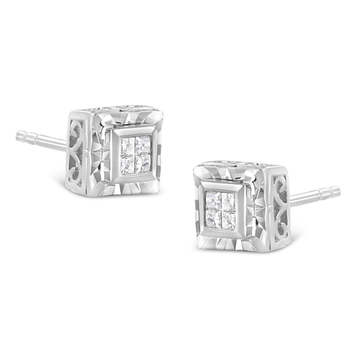 .925 Sterling Silver 1/6 Cttw Invisible Set Princess-Cut Diamond Quad Composite Stud Earrings (H-I Color, I1-I2 Clarity)-3