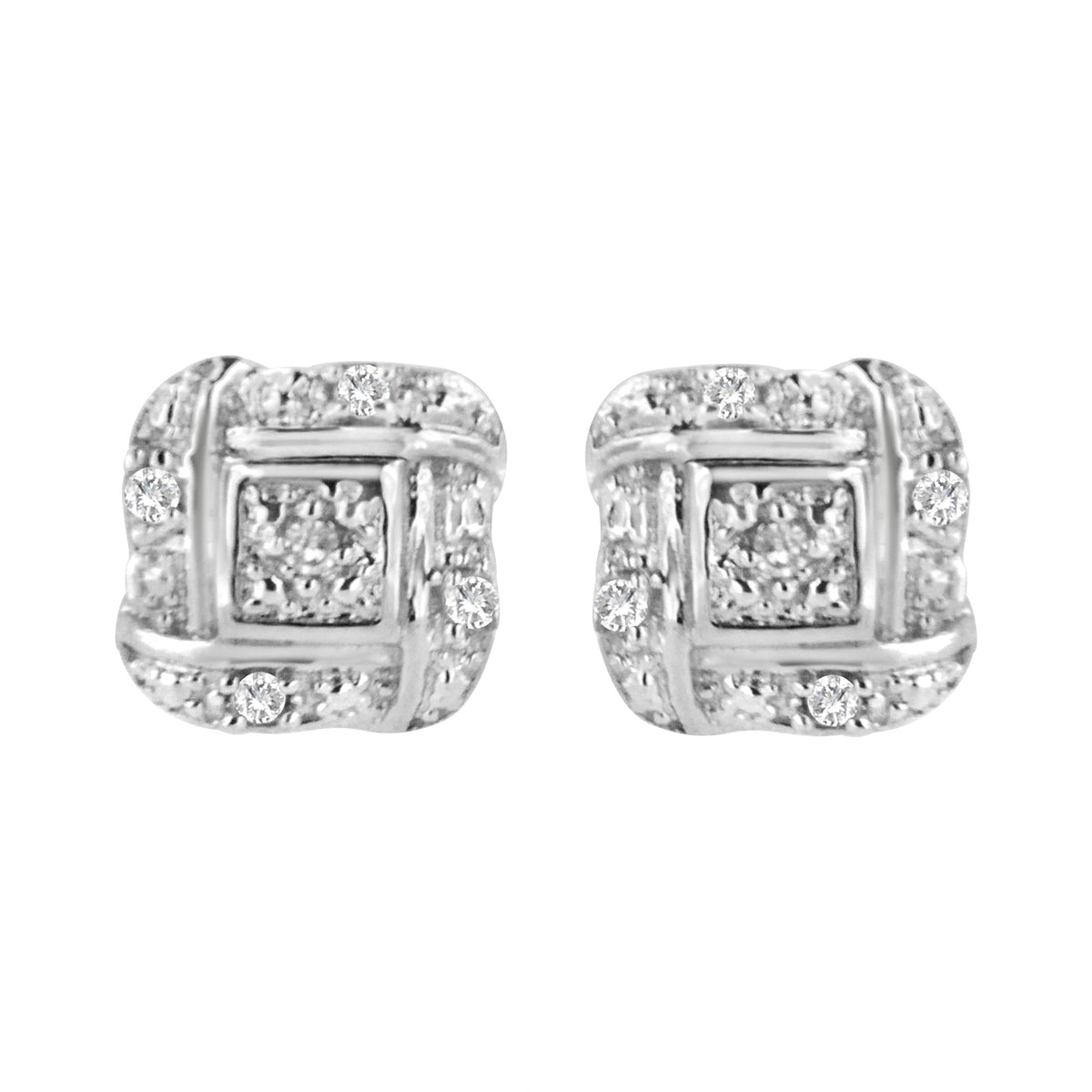 Sterling Silver Round Cut Diamond Square Stud Earrings (0.04 cttw, H-I Color, I2-I3 Clarity)-0
