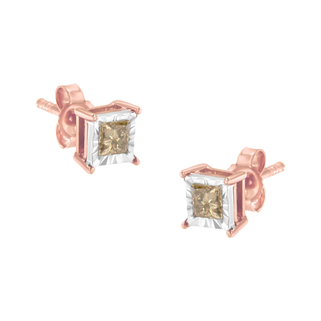 14K Rose Gold Plated Two-Tone .925 Sterling Silver 1/2 Cttw Princess-Cut Square Diamond Solitaire Miracle-Plate Stud Earrings (K-L Color, I2-I3 Clarity)-0