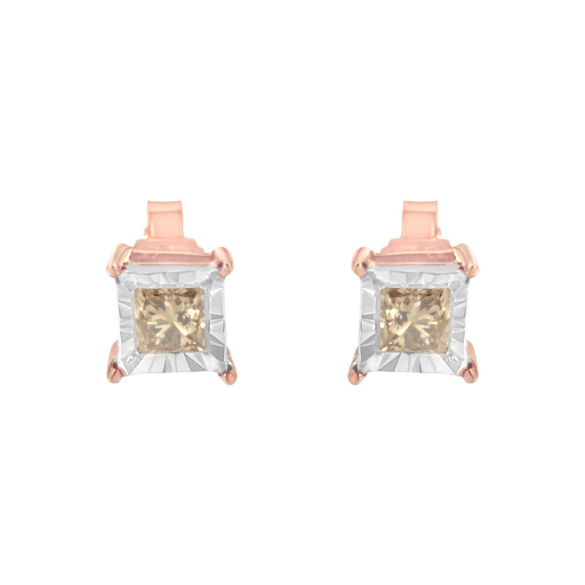 14K Rose Gold Plated Two-Tone .925 Sterling Silver 1/2 Cttw Princess-Cut Square Diamond Solitaire Miracle-Plate Stud Earrings (K-L Color, I2-I3 Clarity)-3