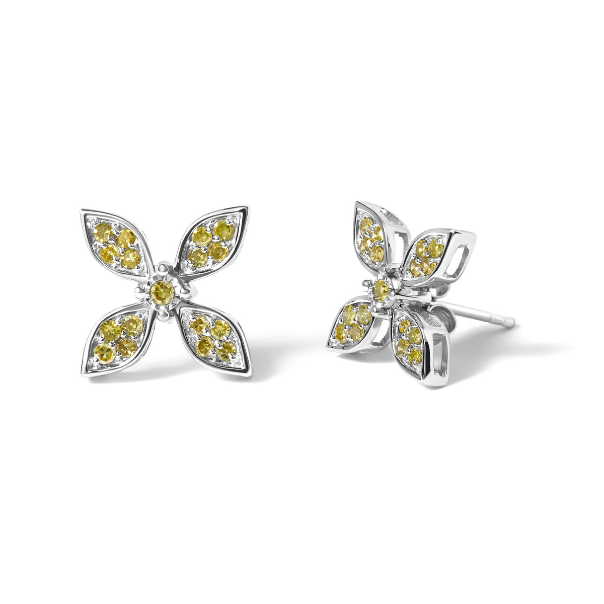 Sterling Silver Yellow Treated Diamond Accent Floral Stud Earrings-1