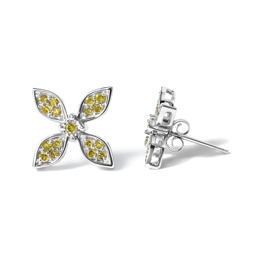 Sterling Silver Yellow Treated Diamond Accent Floral Stud Earrings-3