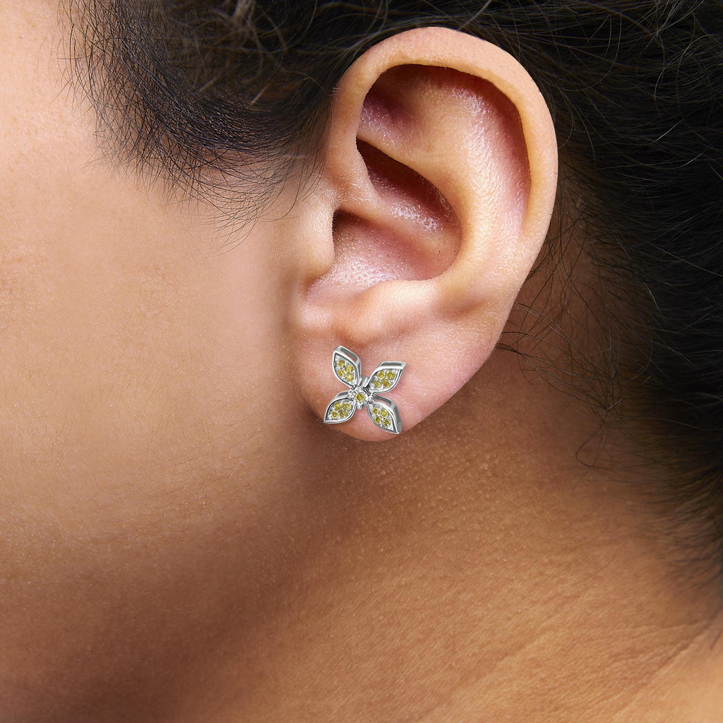 Sterling Silver Yellow Treated Diamond Accent Floral Stud Earrings-2