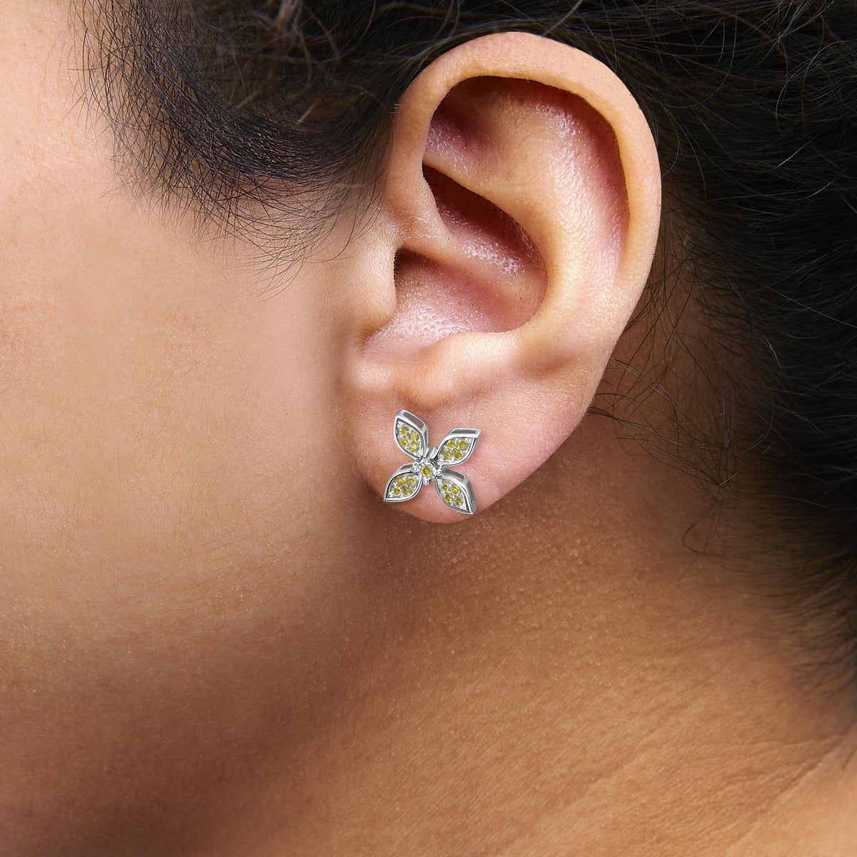Sterling Silver Yellow Treated Diamond Accent Floral Stud Earrings-2