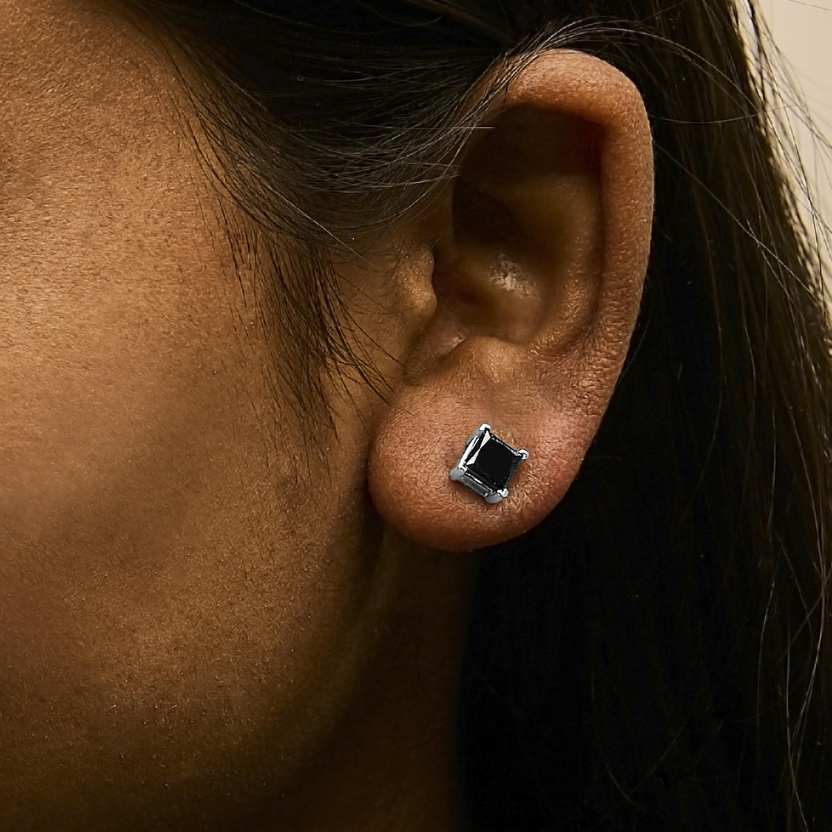 .925 Sterling Silver Princess-Cut Square Black Diamond Classic 4-Prong Stud Earrings with Screw Backs-4