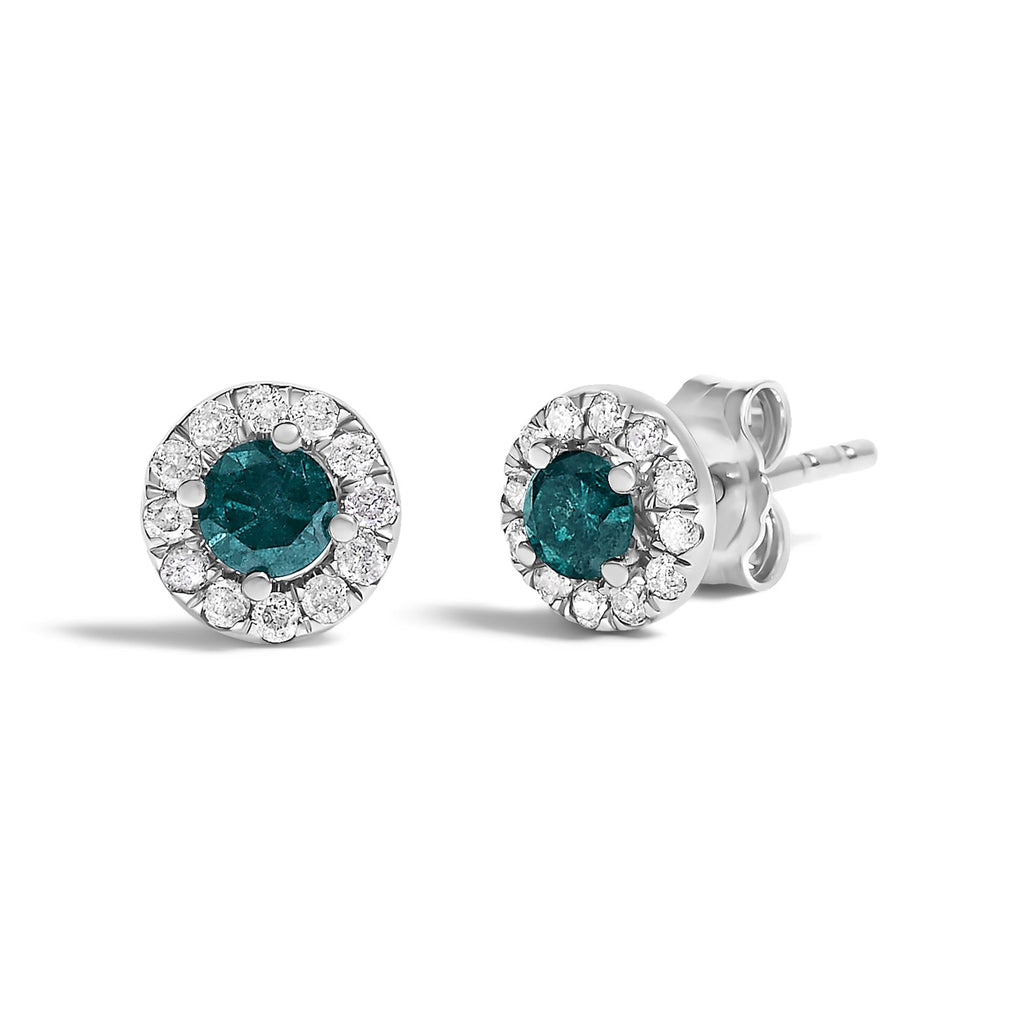 .925 Sterling Silver 1/2 Cttw Blue Diamond Halo Stud Earring-1