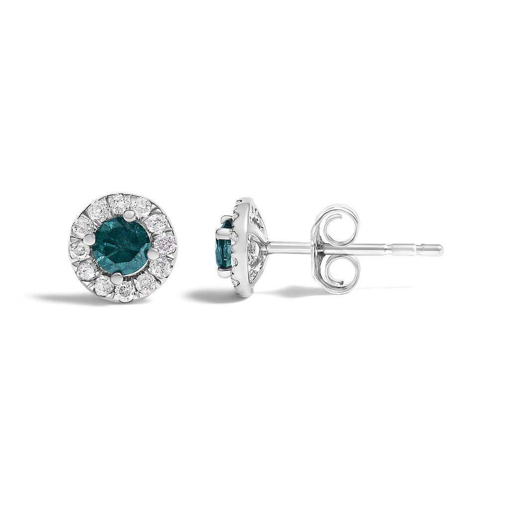 .925 Sterling Silver 1/2 Cttw Blue Diamond Halo Stud Earring-3