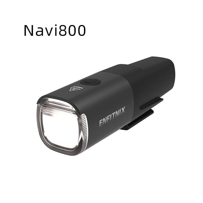 Black aluminum alloy Navi800 smart bicycle front light with handlebar mount and clear reflector