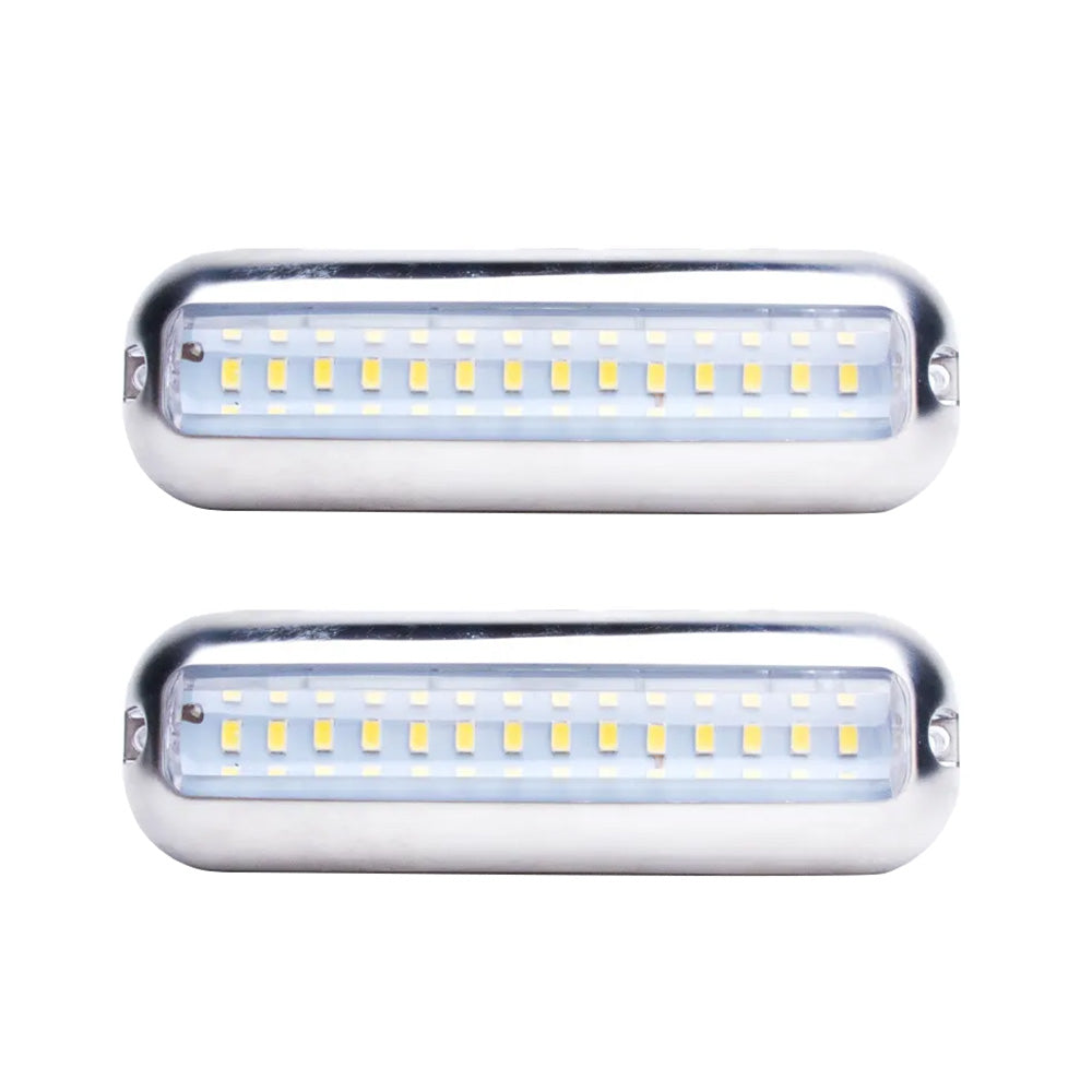 Pair of blue LED underwater boat lights in durable stainless steel casing for marine pontoons