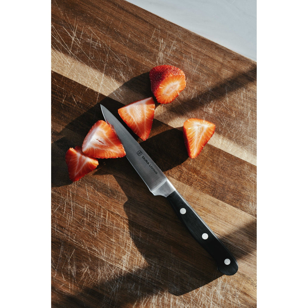 Superior 3-piece kitchen knife set with black ergonomic handles and protective blade guards — view 5
