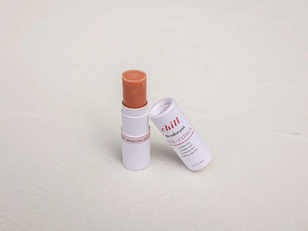 Rose and citrus natural deodorant stick in a zero waste eco friendly cardboard push tube — view 5