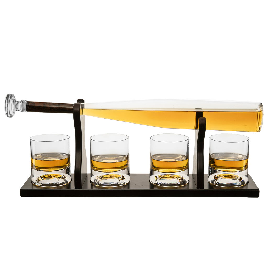 Baseball bat whiskey decanter set with four themed glasses on a rich mahogany wood holder