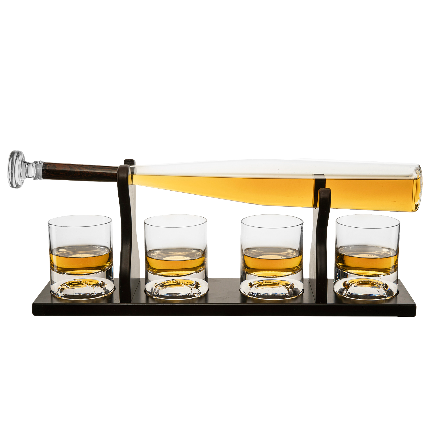 Baseball bat whiskey decanter set with four themed glasses on a rich mahogany wood holder