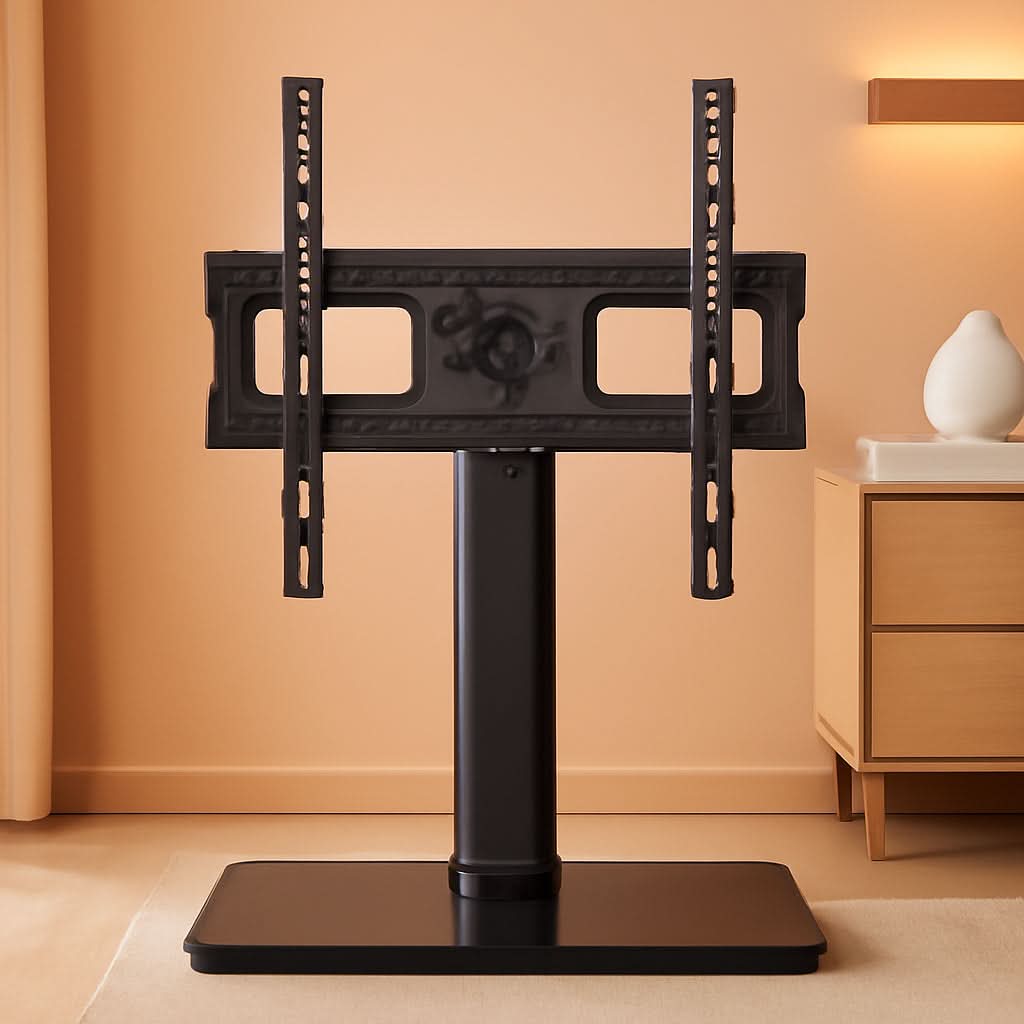 Universal height adjustable tabletop TV stand with sleek tempered glass base and metal frame