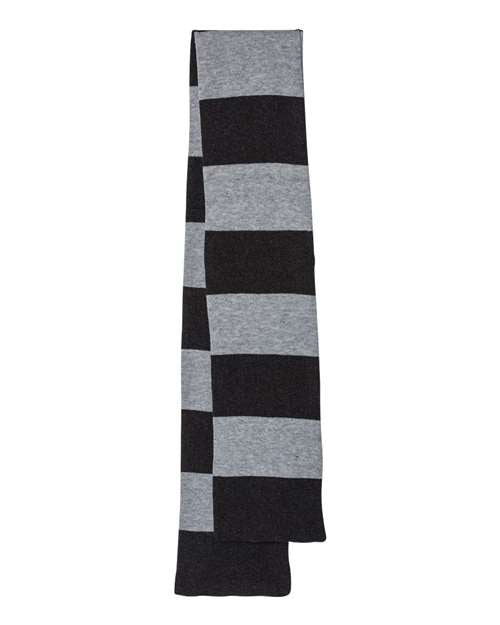 Classic rugby-striped knit winter scarf laid flat showing soft acrylic fabric texture and vintage pattern — view 2