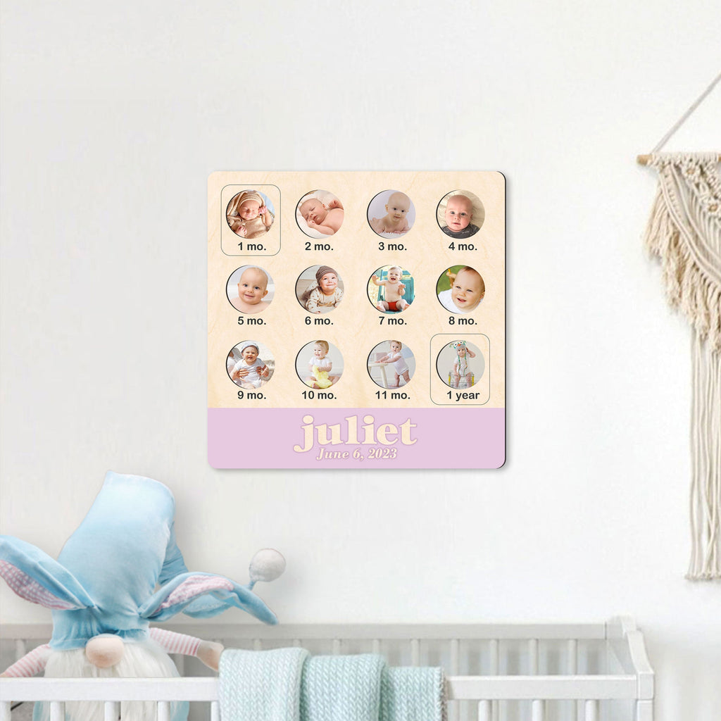 Custom wooden baby first year milestone photo collage board with monthly picture frames and personalized name — view 5