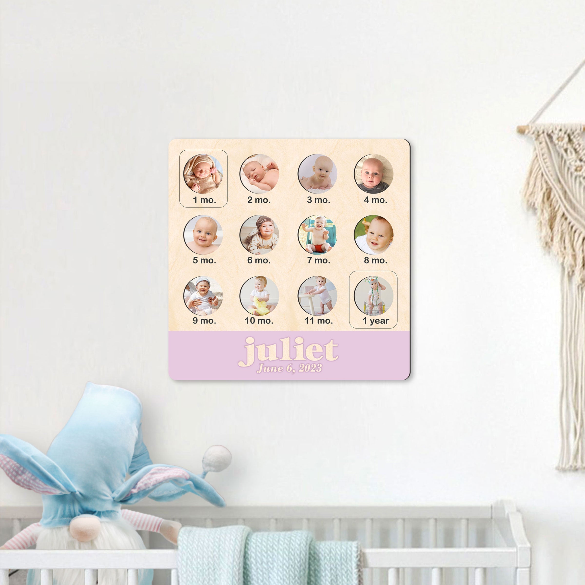 Custom wooden baby first year milestone photo collage board with monthly picture frames and personalized name — view 5