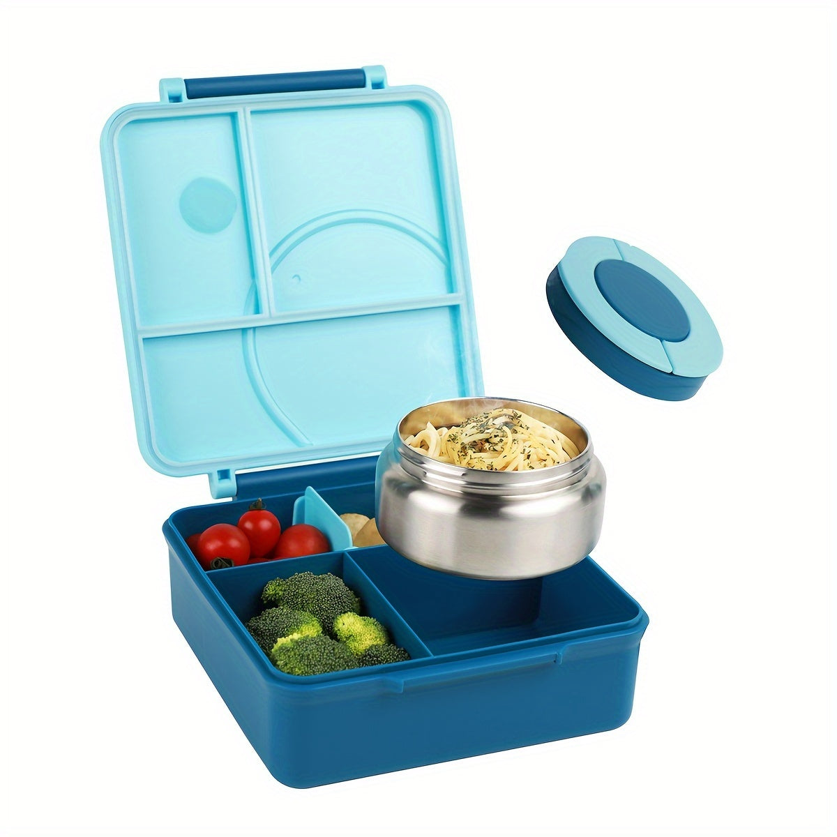 Blue cartoon kids thermos lunch box with four compartments and matching water bottle — view 5