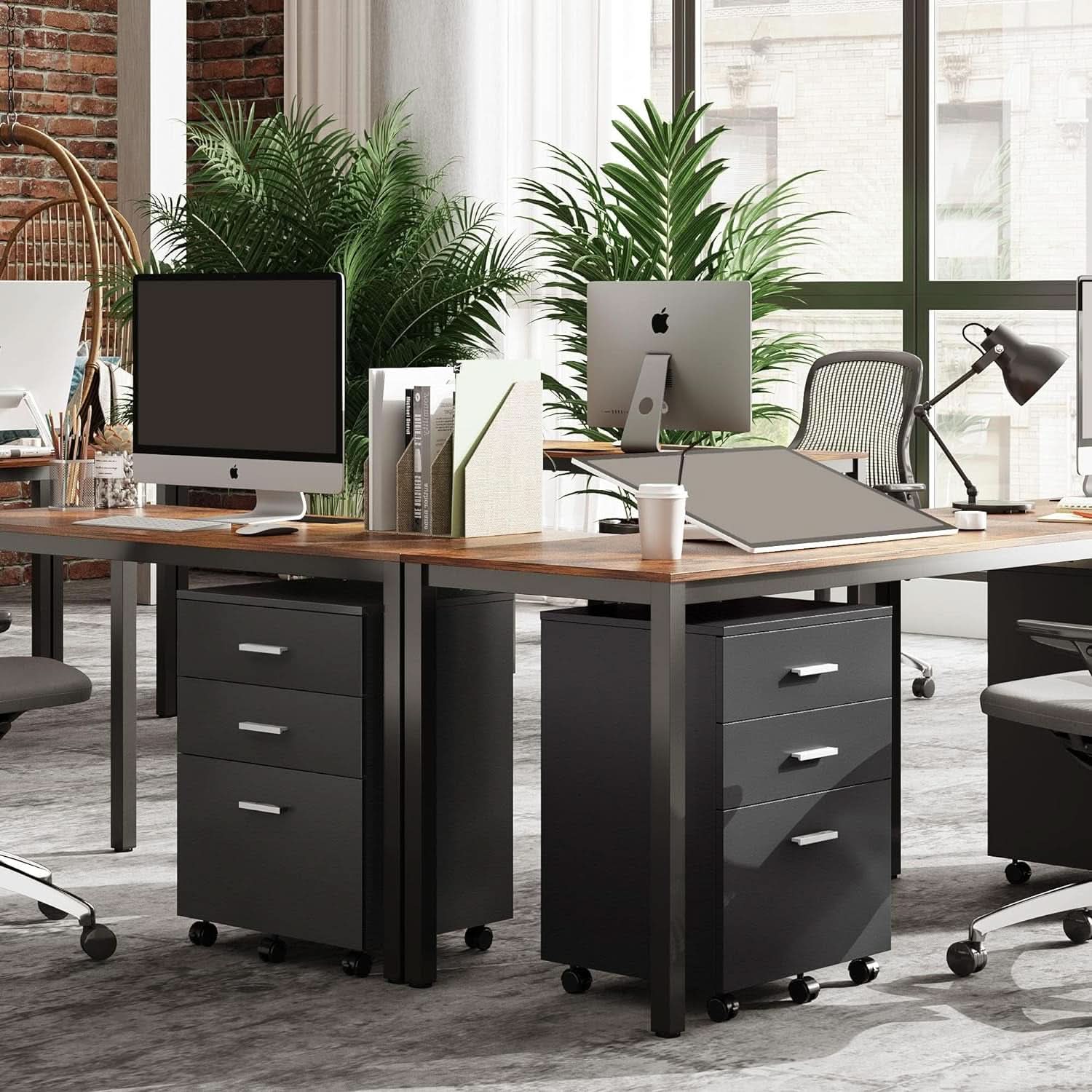 Black wood three drawer mobile file cabinet with rolling casters for home office organization — view 2
