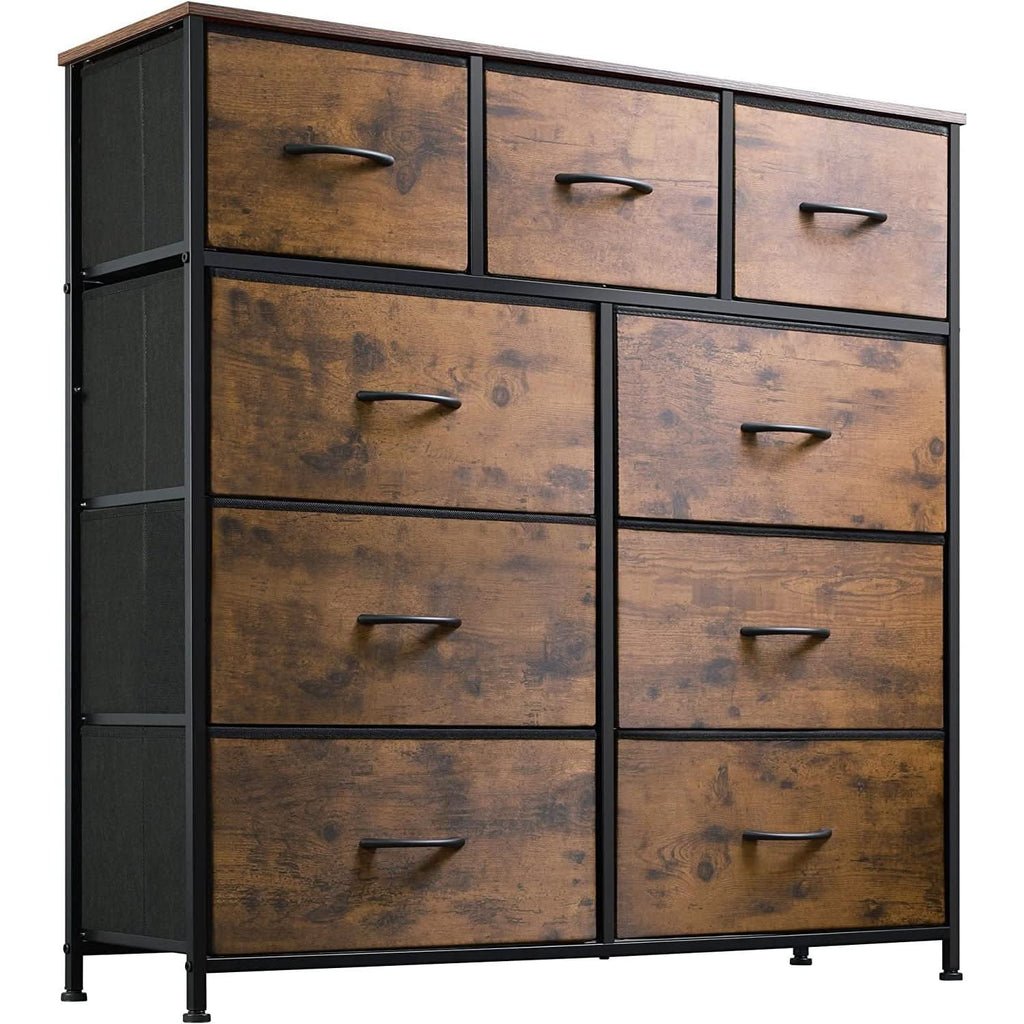 Dark grey chest of drawers featuring nine fabric bins, wood top, and black metal frame. — view 2