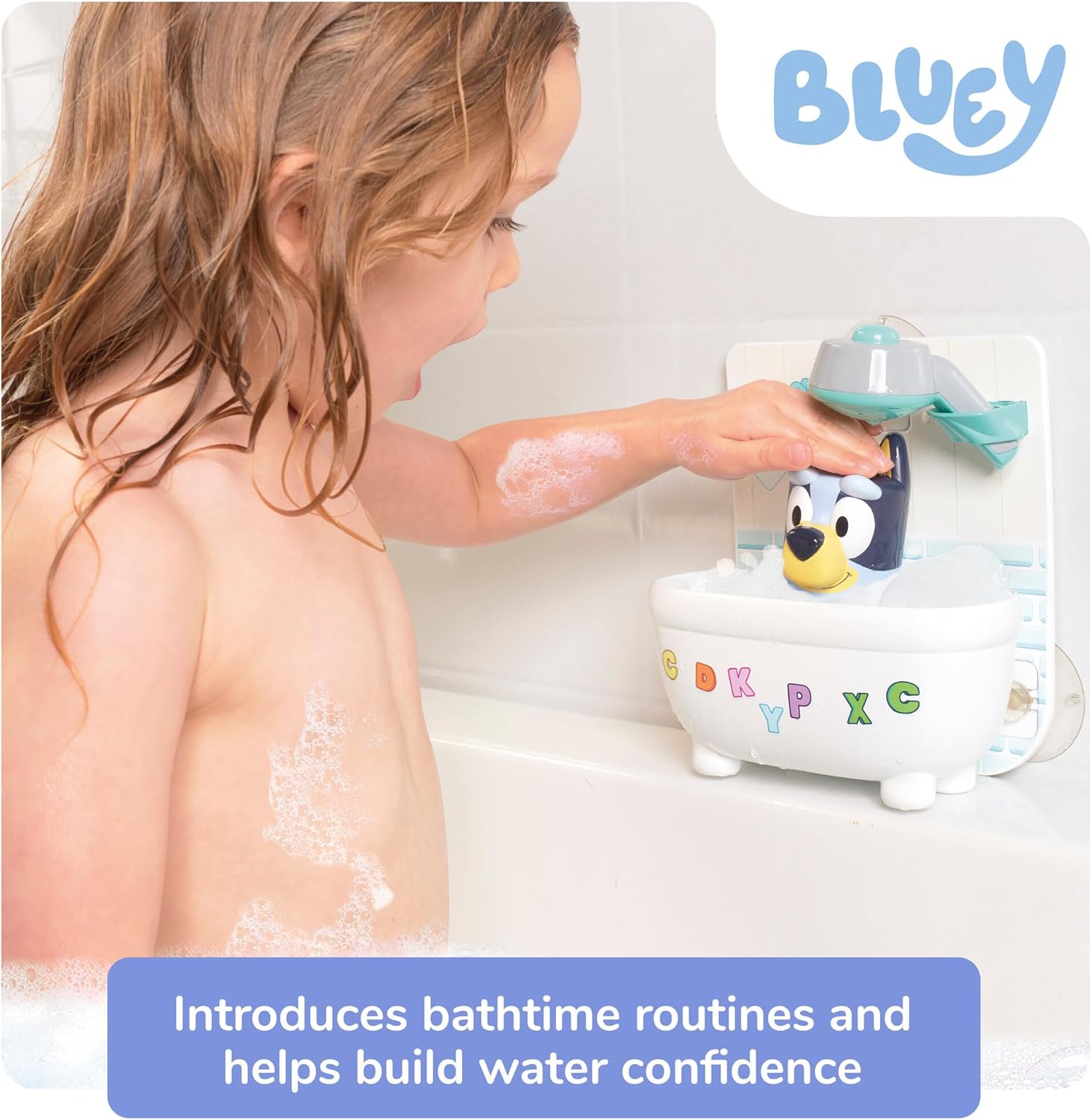 Shower and Scrub Bluey bath toy with miniature bathtub, working showerhead, and bubble feature — view 3