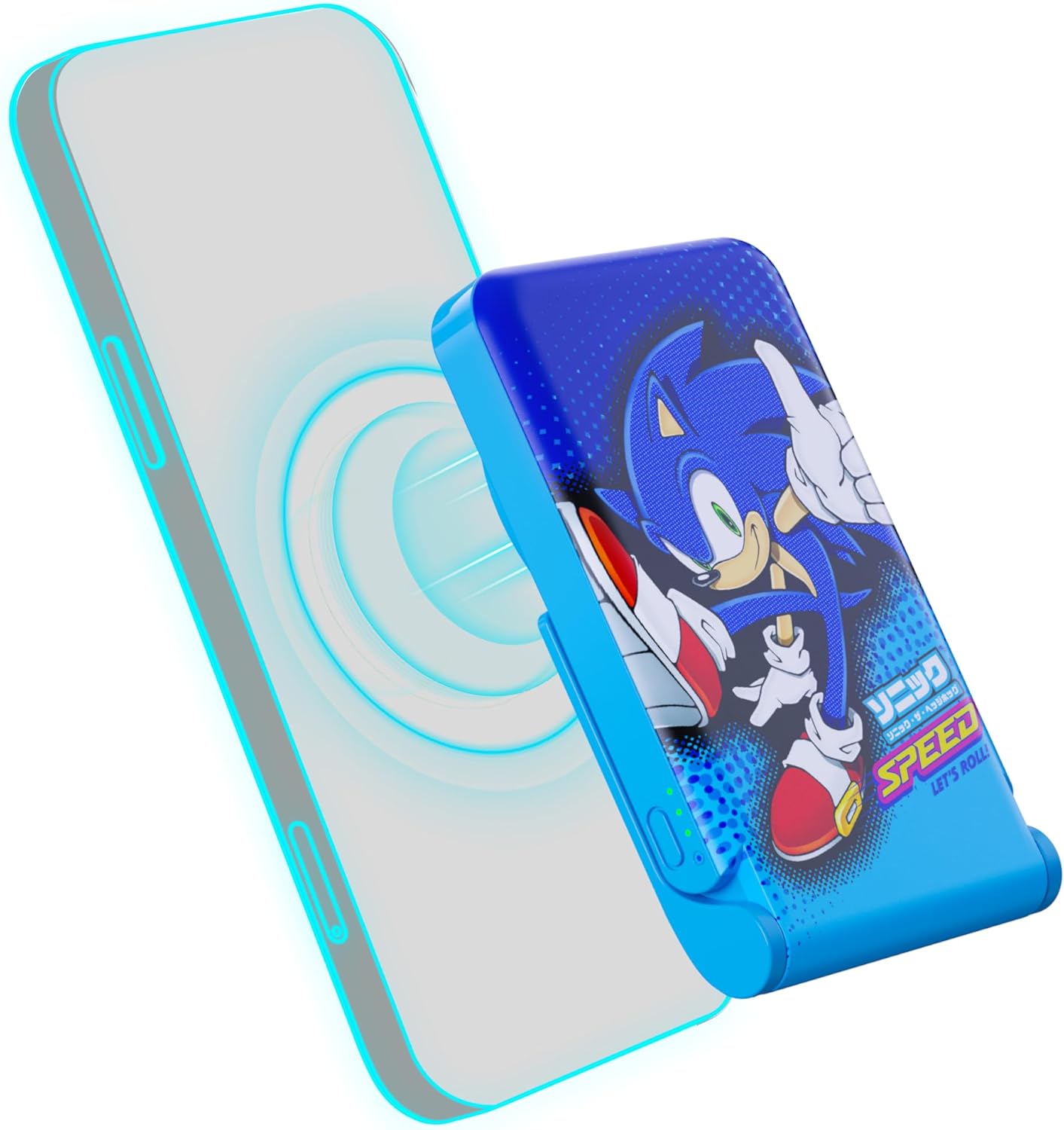 Sonic the Hedgehog magnetic wireless power bank with built-in smartphone stand and vibrant blue artwork — view 2