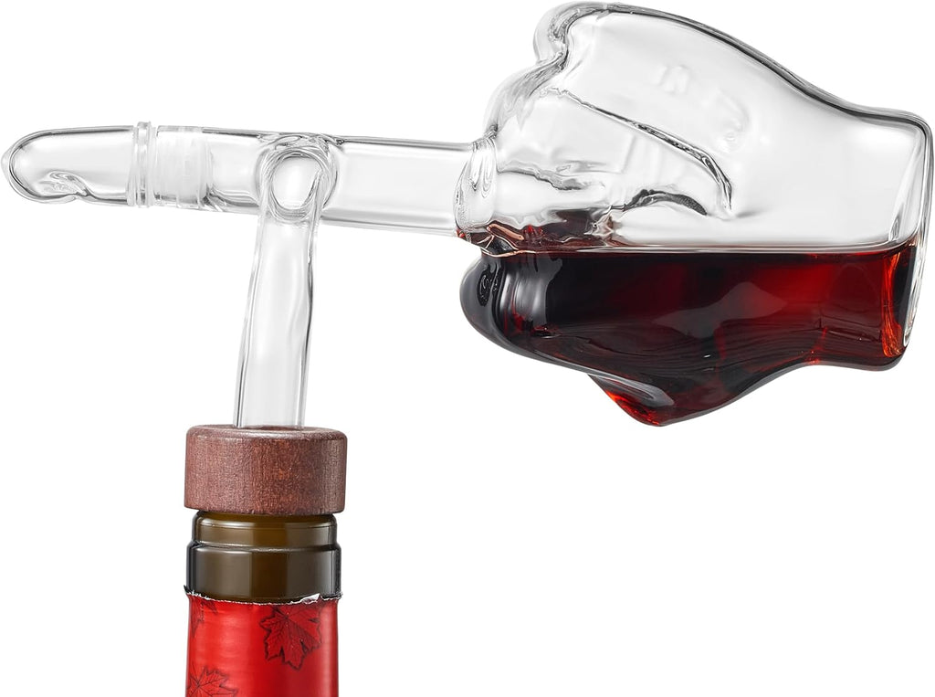 Clear Italian wine aerator decanter pouring red wine directly from the bottle to a glass — view 4