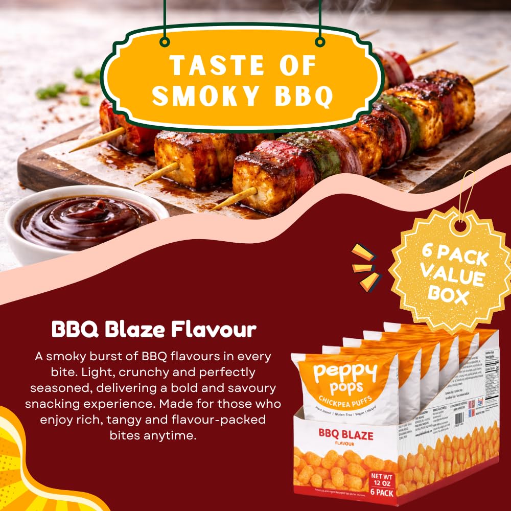 Six bags of BBQ Blaze flavored high protein chickpea puffs snack packs — view 4