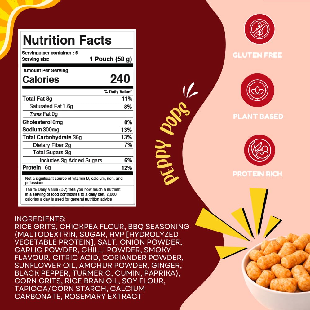 Six bags of BBQ Blaze flavored high protein chickpea puffs snack packs — view 2