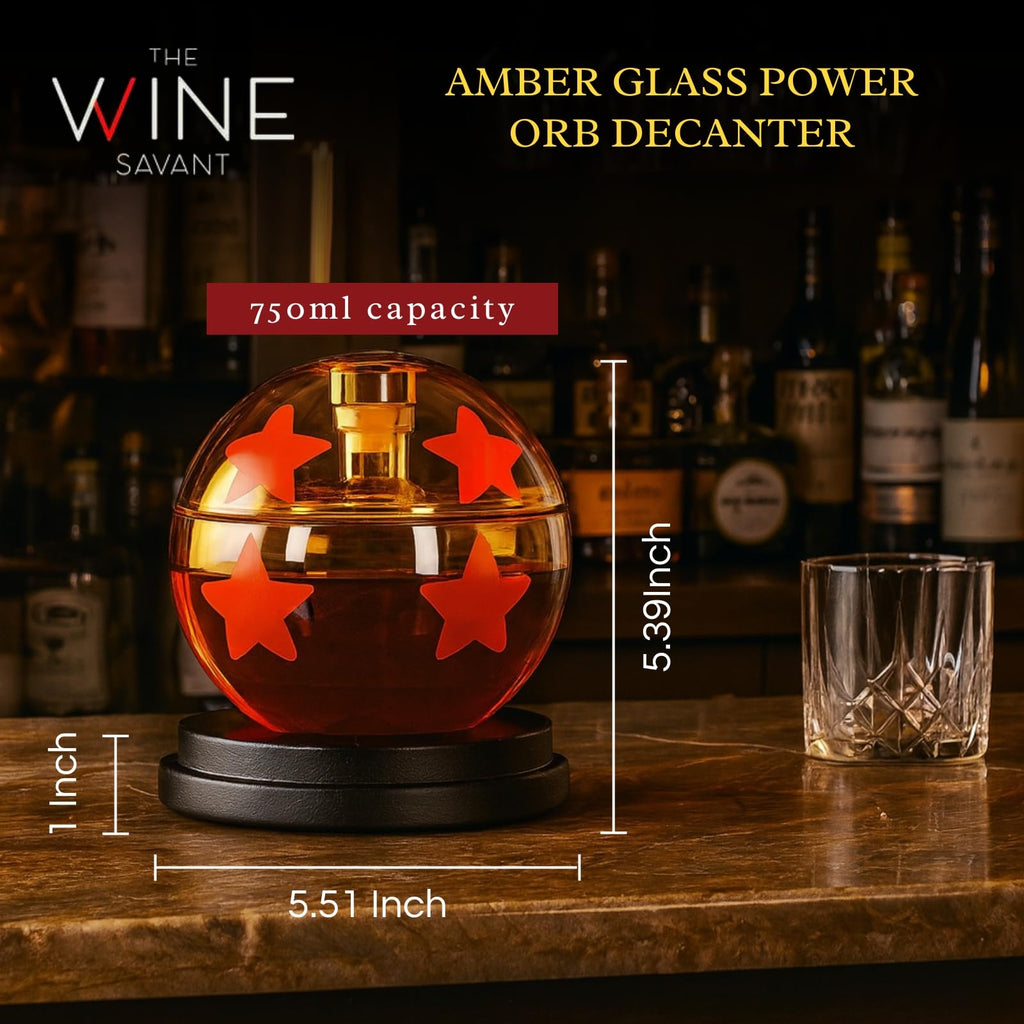 Amber glass dragon ball whiskey decanter with four red stars, 750ml capacity sphere carafe — view 2