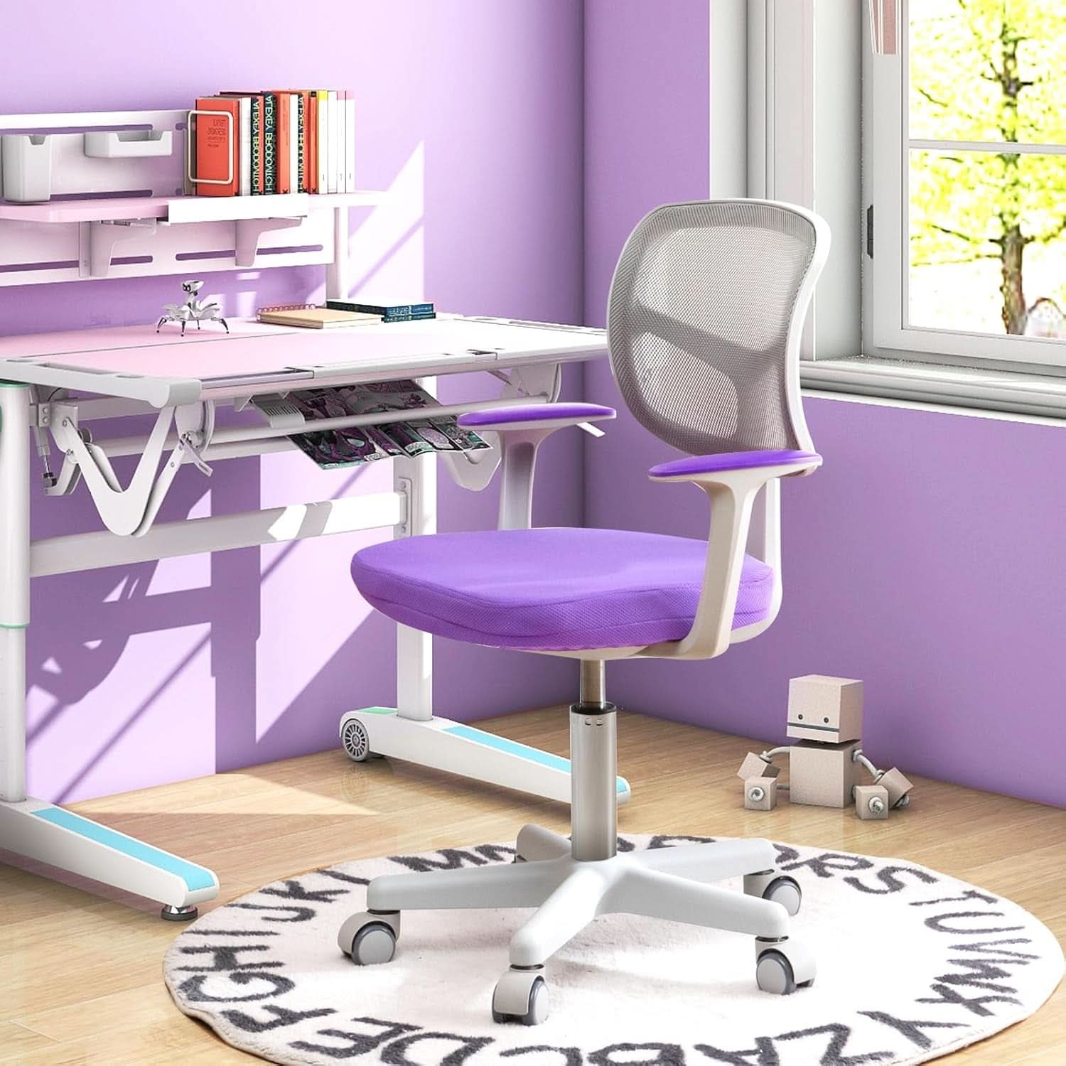 Violet ergonomic kids desk chair with breathable mesh back, armrests, and rolling casters. — view 2