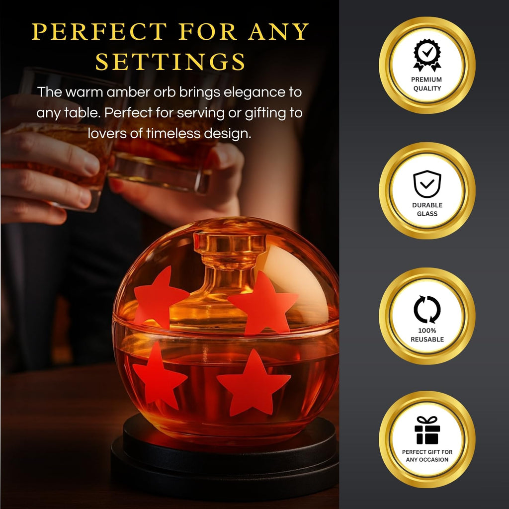 Amber glass dragon ball whiskey decanter with four red stars, 750ml capacity sphere carafe — view 4